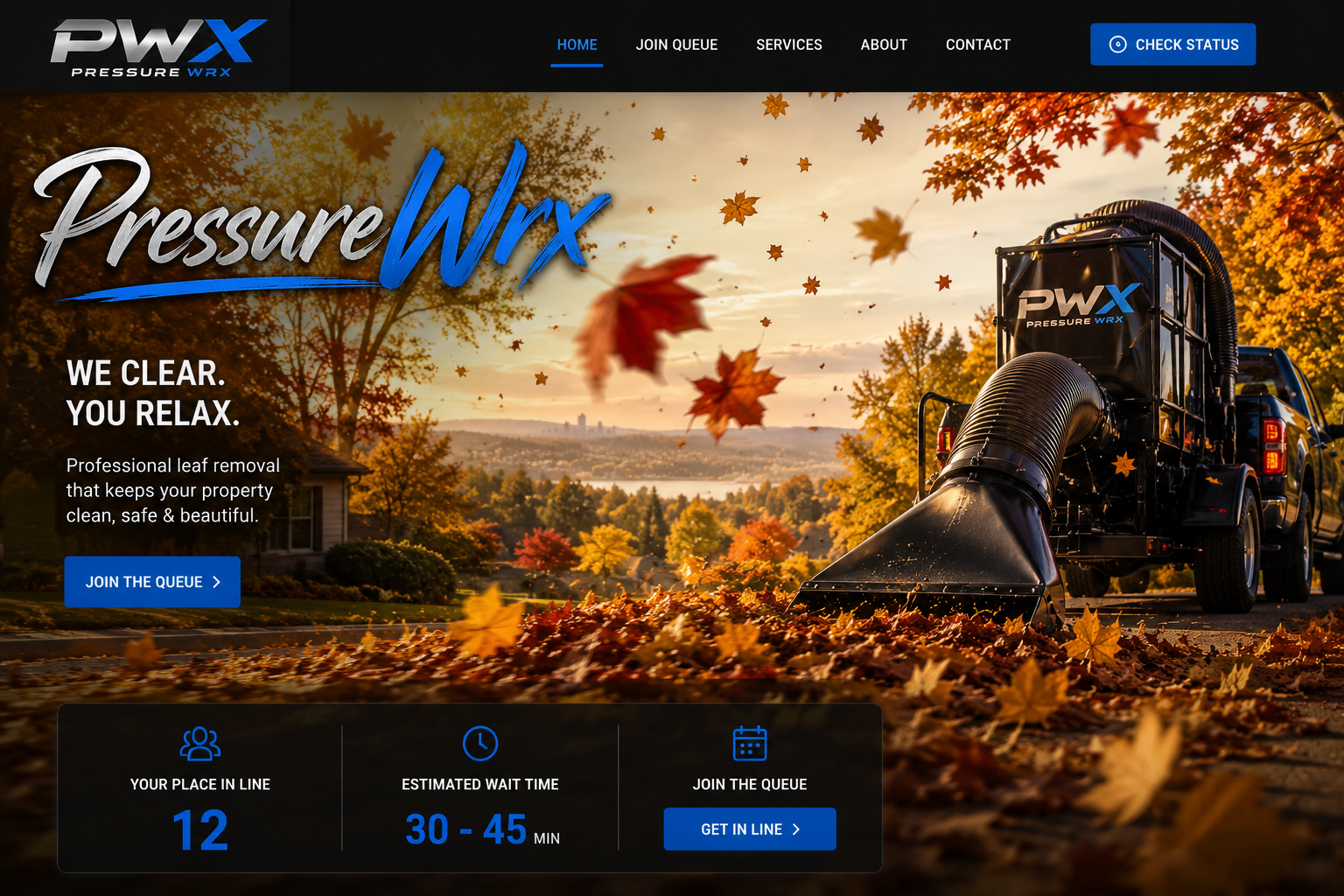 PressureWrx leaf removal with falling autumn leaves and a leaf vacuum machine
